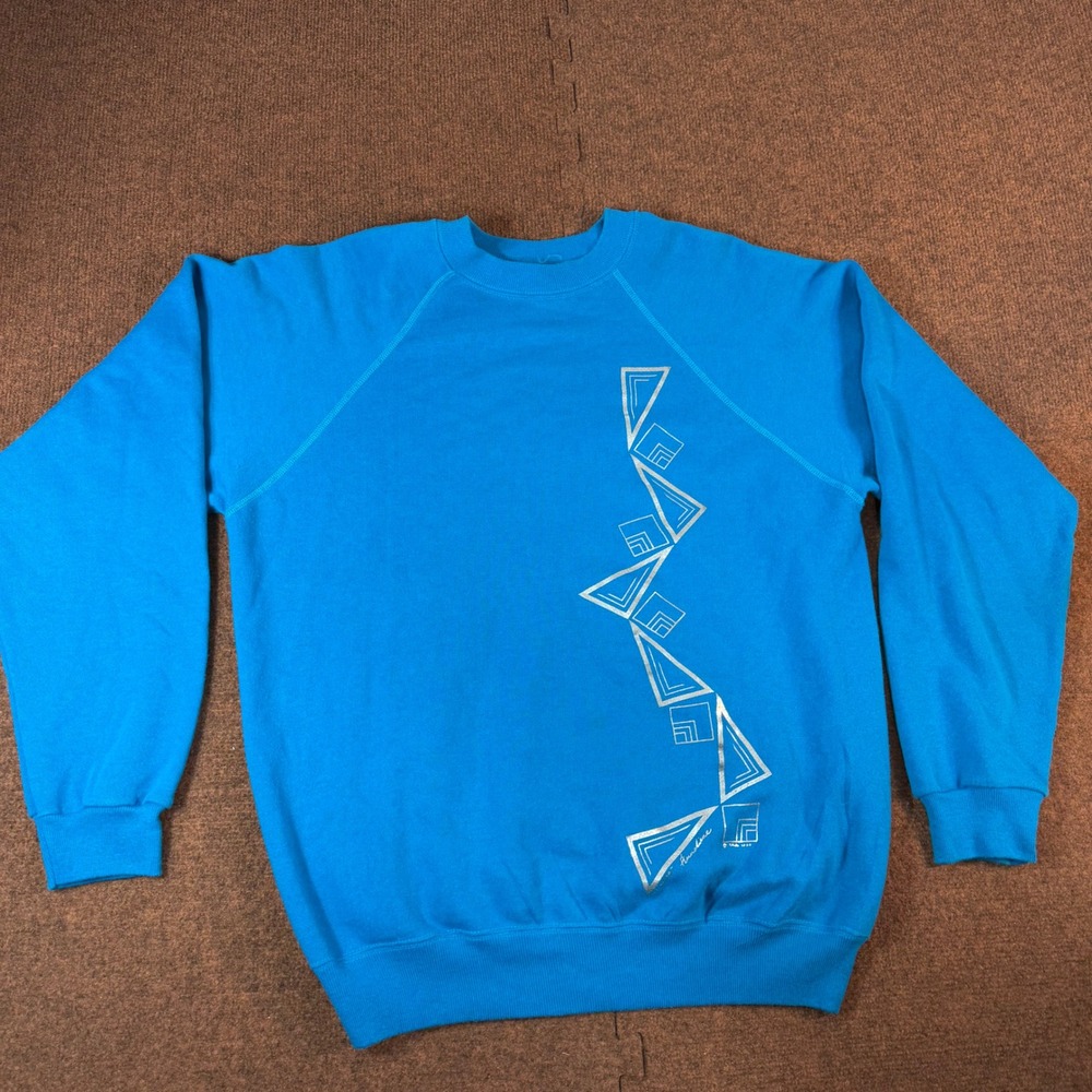 Vintage Hanes Sweatshirt XL Blue Silver Geometric Graphic Made in USA 80s Raglan